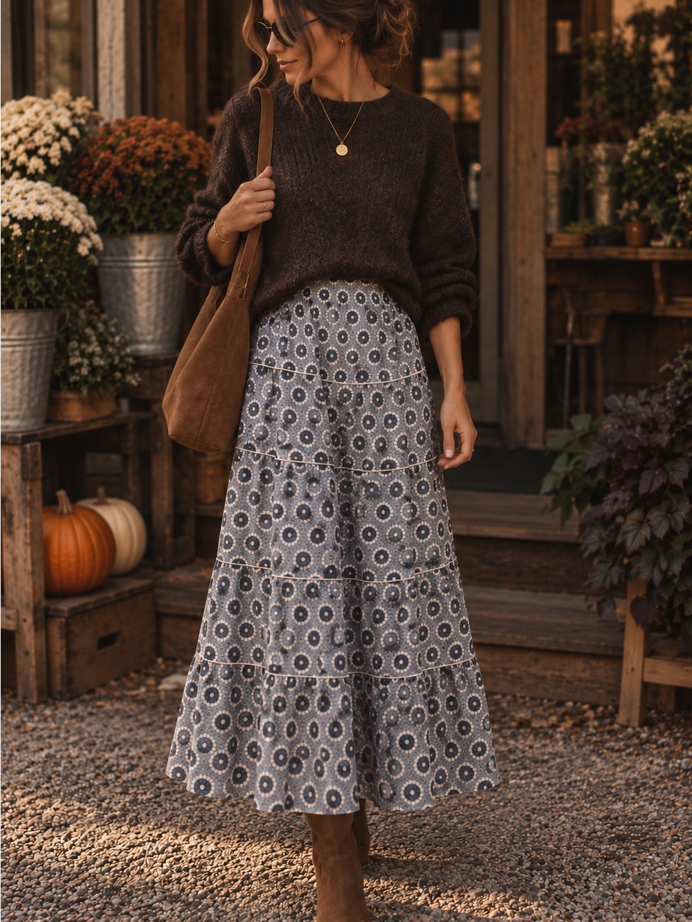 Sundance 100% Silk Tiered Midi Skirt Blue Medallion Boho Size 8
